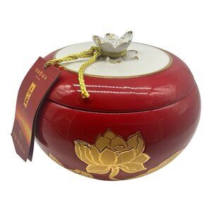 Da Hong Pao Tea Porcelain (Empty) Red Jar with White Lotus Design and Lid